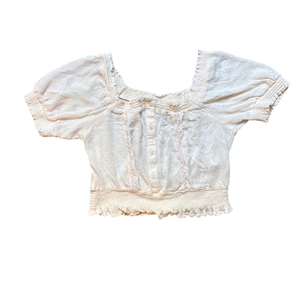 H&M Divided Swiss Dot Puff‎ Sleeve Crop Top Cream Excellent Lace Trim SIZE 10